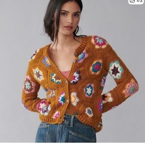 Anthropologie TACH Brown Crochet Cardigan Floral Accents women’s XS